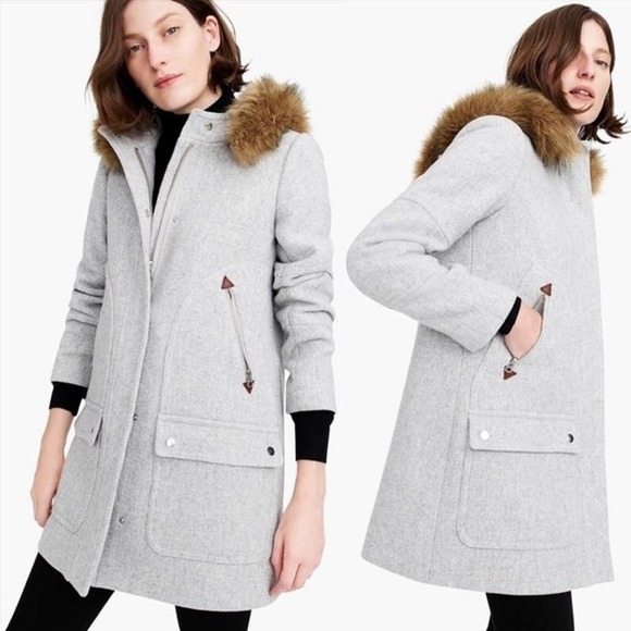 J. Crew Italian Stadium Cloth Wool Coat Size 0 Chateau Parka Removable Fur Hood